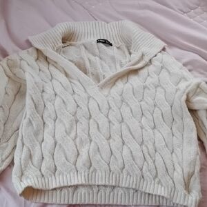 SHEIN Cream V-Neck Cable Knit Sweater